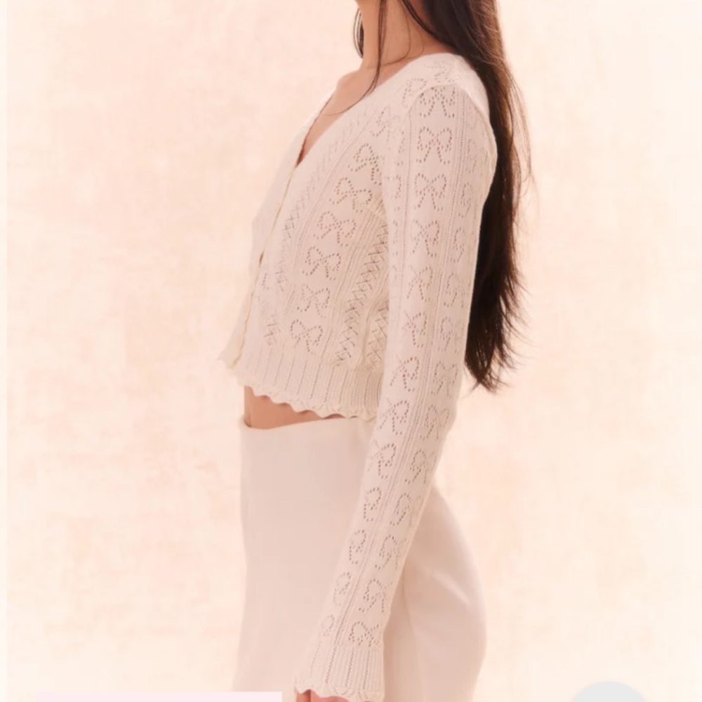 New LoveShackFancy Petra Bow Pointelle Cropped Cardigan Ivory